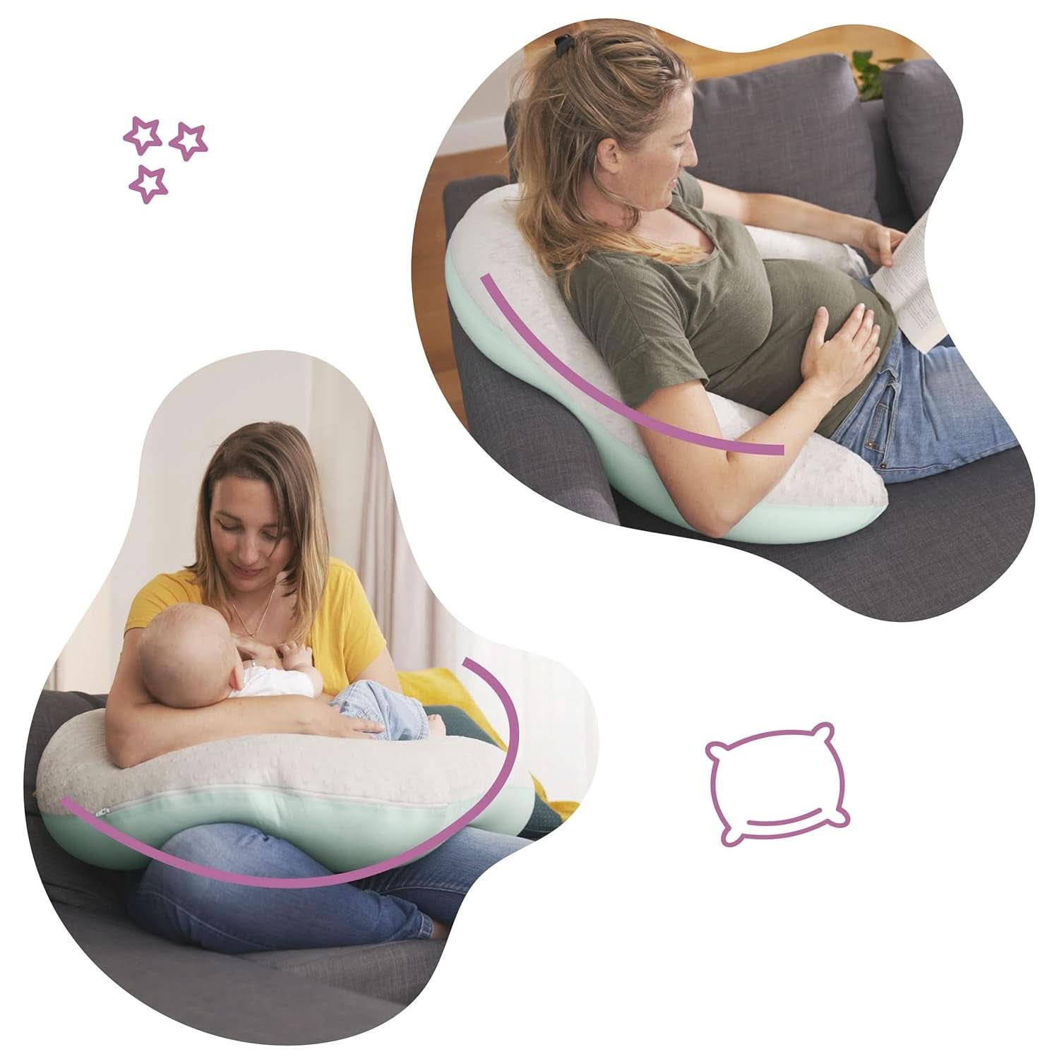 Badabulle Kojící polštář a nadýchaný těhotenský polštář, 150 cm, včetně povlaku, ergonomický tvar Příslušenství Jídlo a kojení Bebe Naty Shop