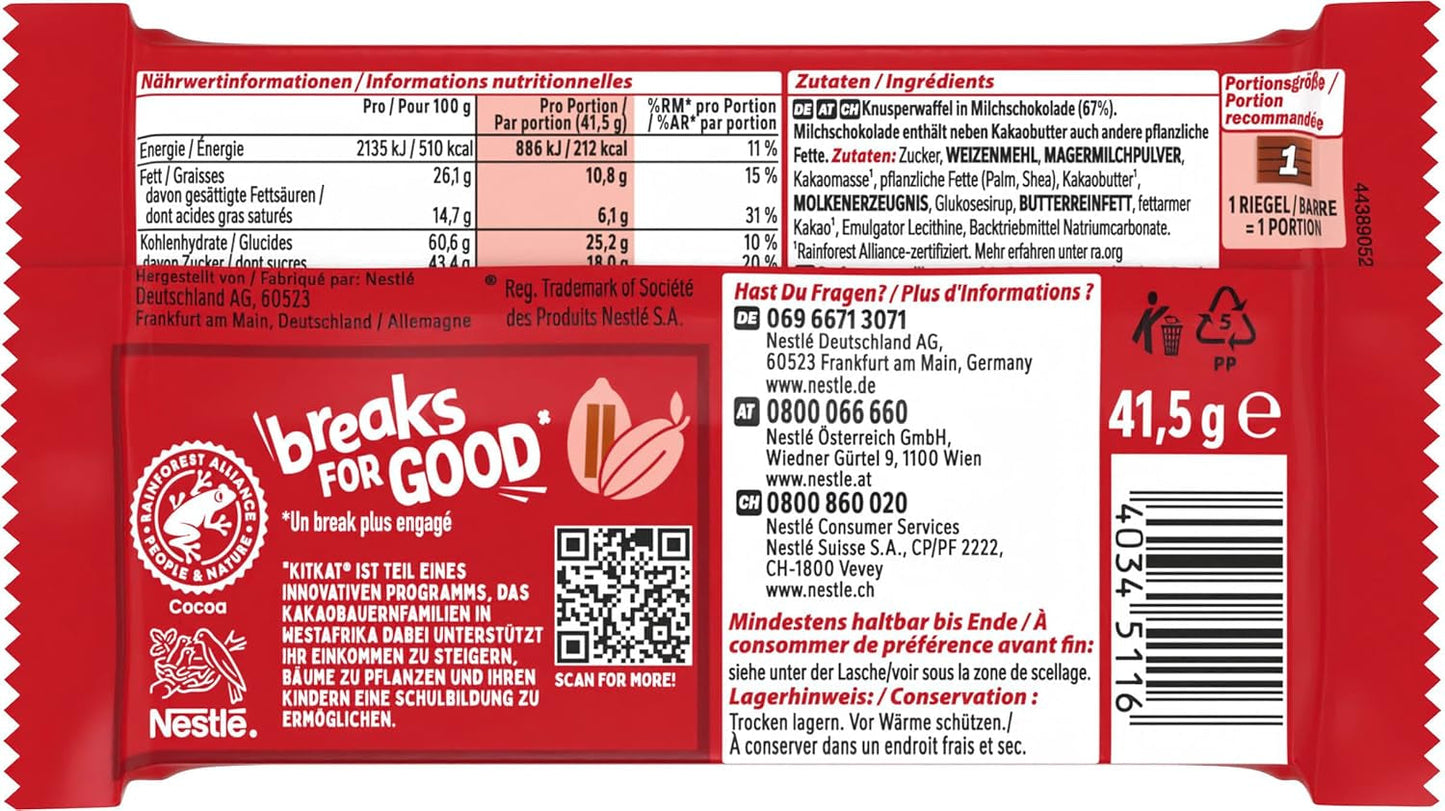 Nestlé KitKat klasické čokoládové tyčinky Mléčná čokoláda křupavé oplatkové tyčinky 24 balení (24 x 41,5 g)