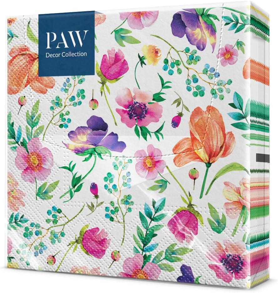 PAW - 3vrstvé ubrousky (33 X 33 cm) I 20 kusů I Ideální na narozeniny, večírky, svatby, přijímání a svátky I Dekorace na stůl Barevné papírové ubrousky - barevné květiny Flora I Květinová aranžmá