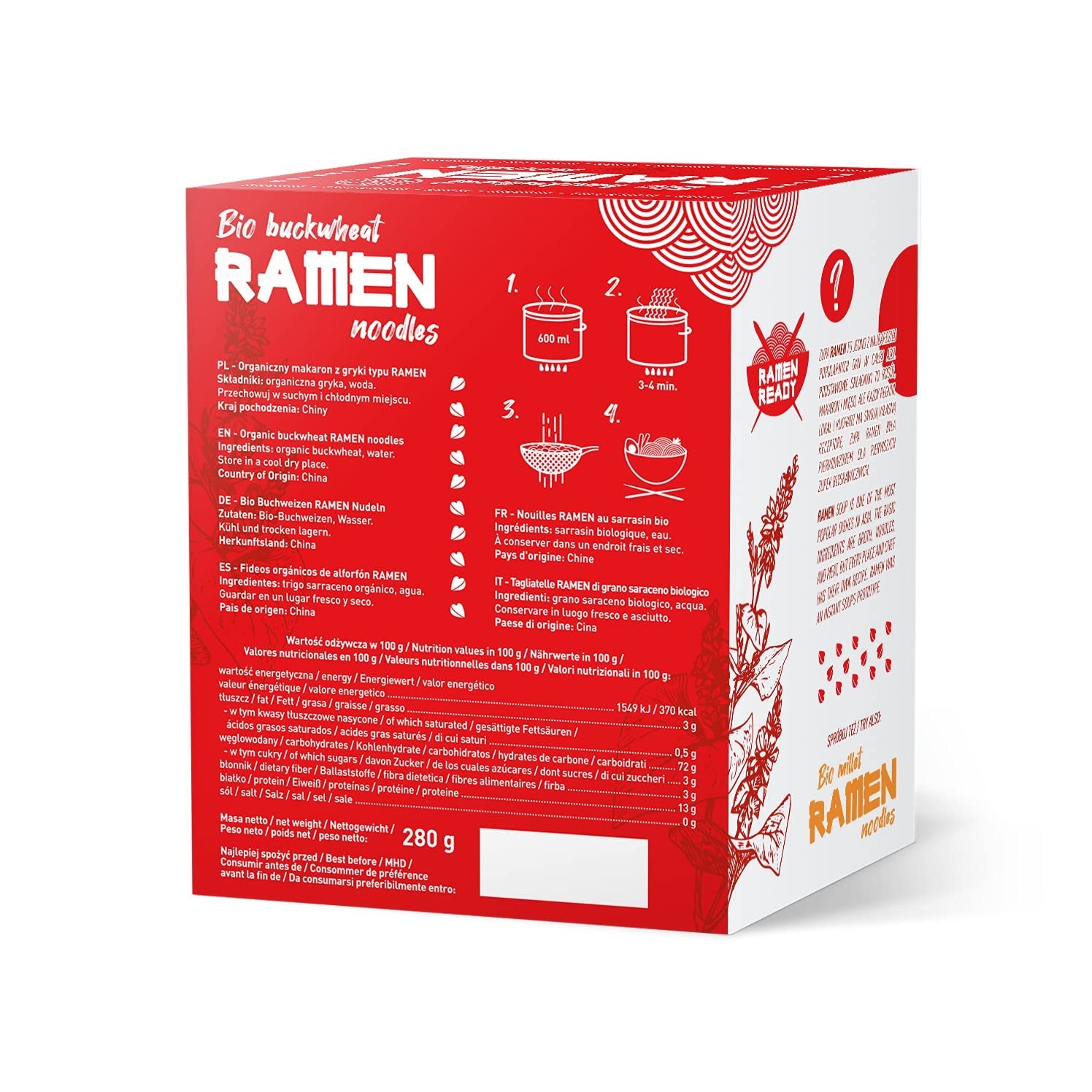DIETNÍ POTRAVINY Bio pohankové nudle Ramen, vegetariánské a veganské jídlo, bez tuku, bez sóji, bez lepku, dietní nudle rozpustné ve vodě, nízkokalorické, 280 g
