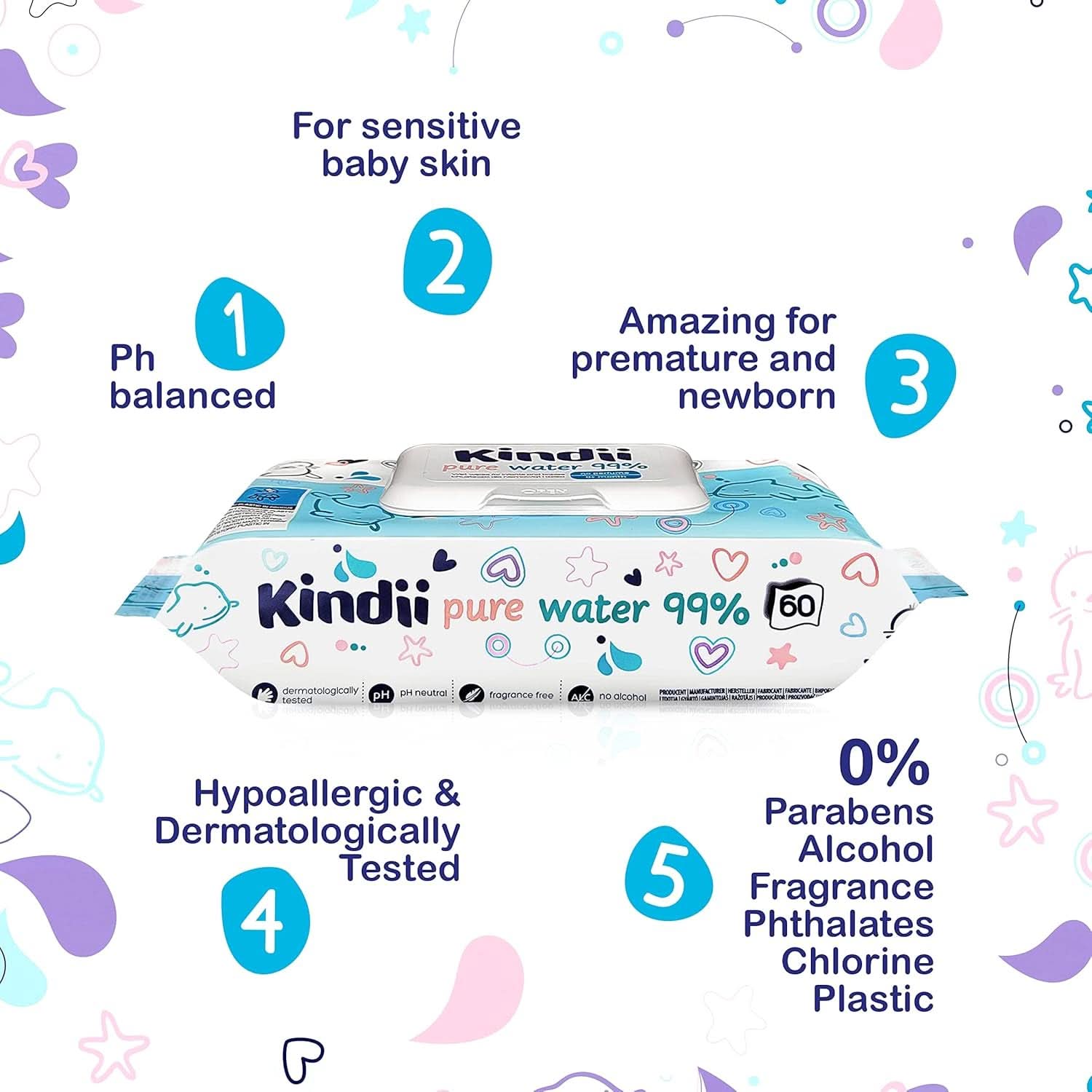 Kindii Feuchttücher Für Babies Und Kinder Čistá voda 99% - 99%Ige Zusammenzeit Auf Wasserbasis - Allantoin - Unparfümiert - Dermatologisch Getestet - Für Empfindliche Haut - 720 Stück - 12X60 Stück Naty Shop