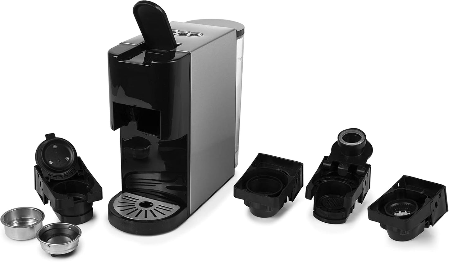 Vícekapslový espresso kávovar Princess 5 v 1 – kompatibilní s podložkami Nespresso, Dolce Gusto, Lavazza a Modo Mio a ESE, kapacita 0,8 l, 1450 W, stříbrná, černá