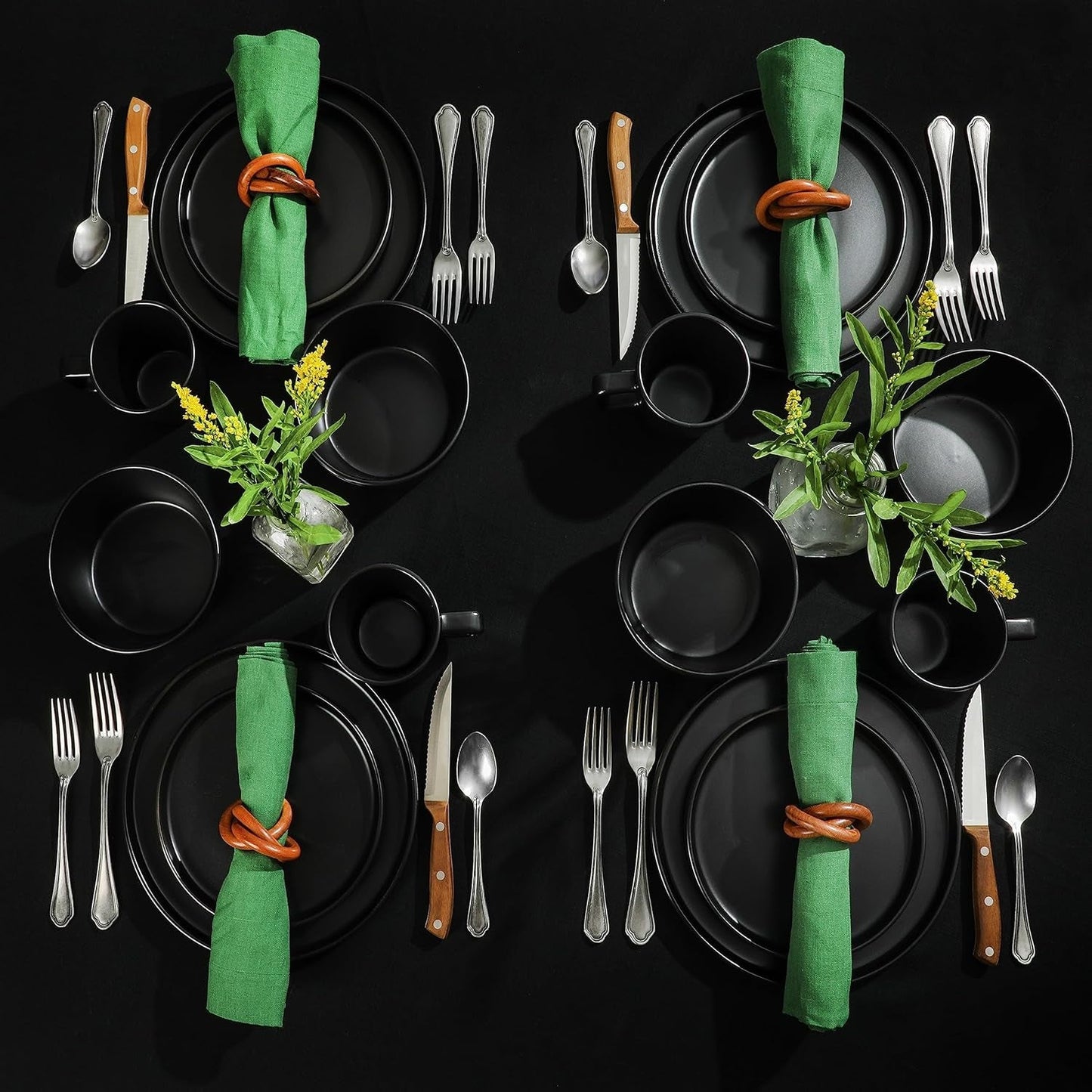 Sada Bowery Dinnerware, 32 dílná, matná černá, kamenina, talíře, misky a hrnky, slouží 8