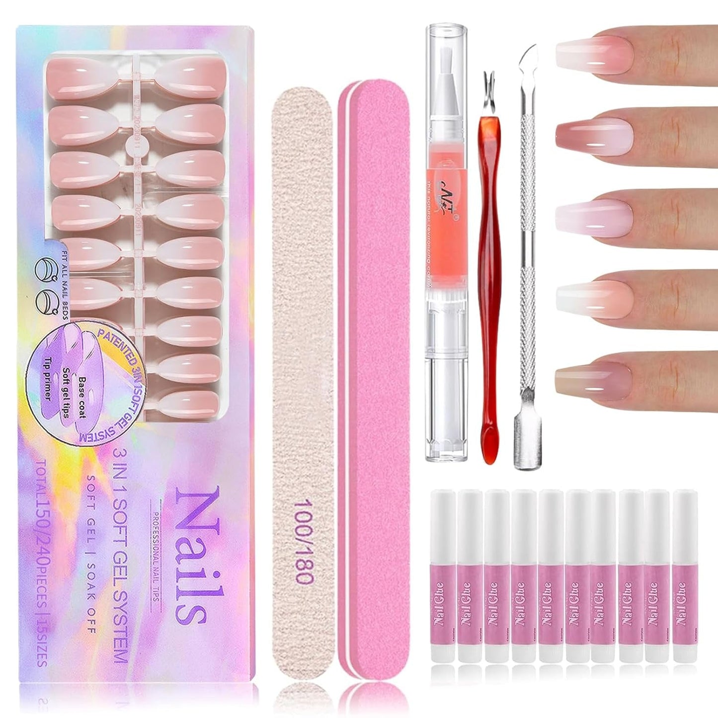 Sada 150 ks Gradient False Nails - 5 barev Ombre Design Samolepící umělé nehty - Celý kryt pro ženy a dívky - Lesklé umělé nehty pro DIY manikúru (čtvercové)