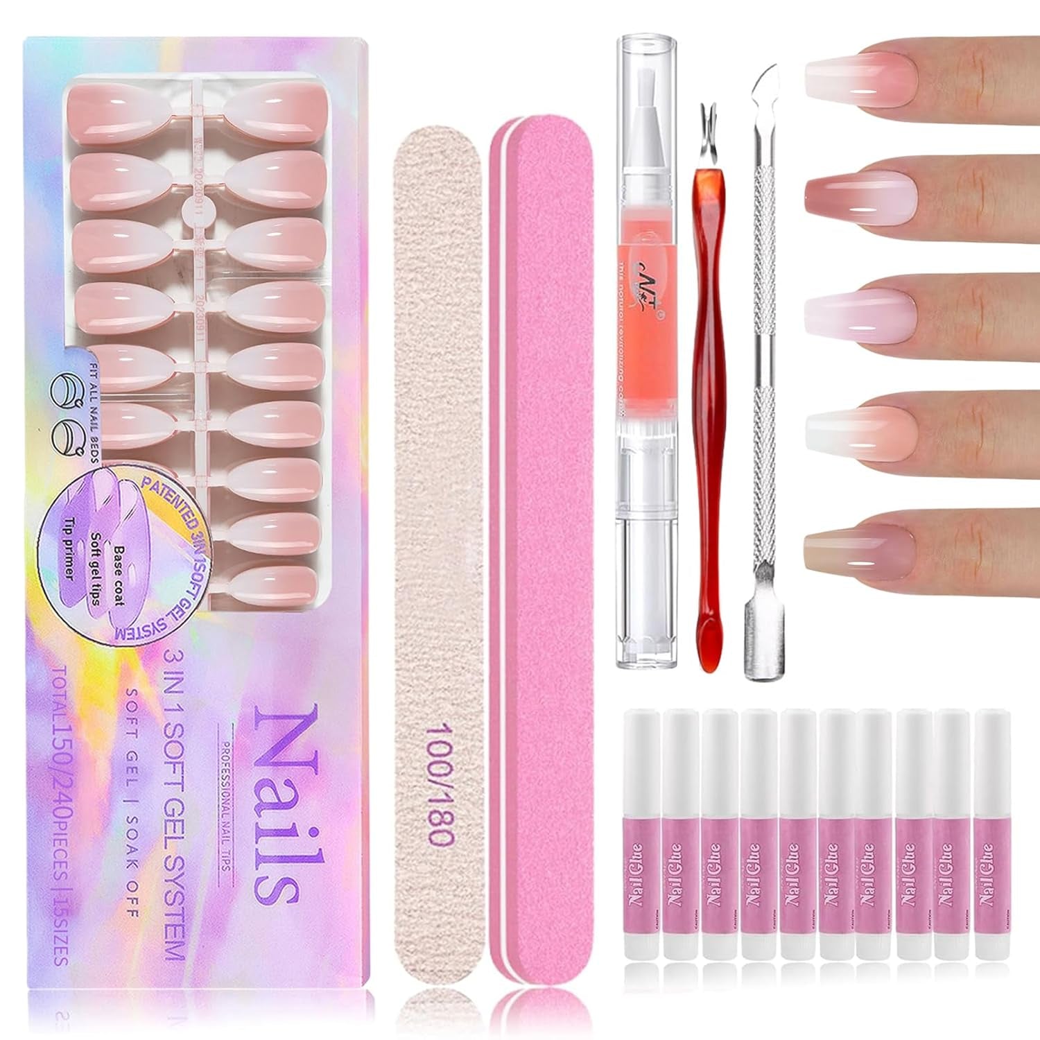 Sada 150 ks Gradient False Nails - 5 barev Ombre Design Samolepící umělé nehty - Celý kryt pro ženy a dívky - Lesklé umělé nehty pro DIY manikúru (čtvercové)