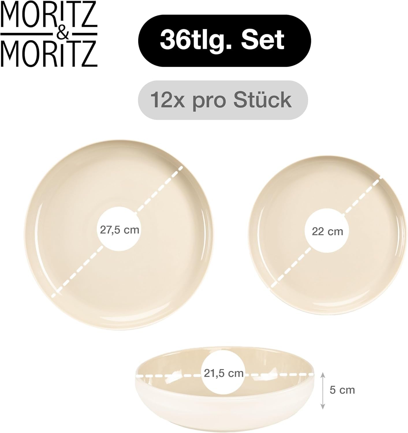 Sada kameninového nádobí Moritz & Moritz CAVO pro 12 osob, 36 kusů - Moderní stolní servis v pískové barvě - Snadná údržba kombinovaná sada s talíři a mísami - Kávový servis