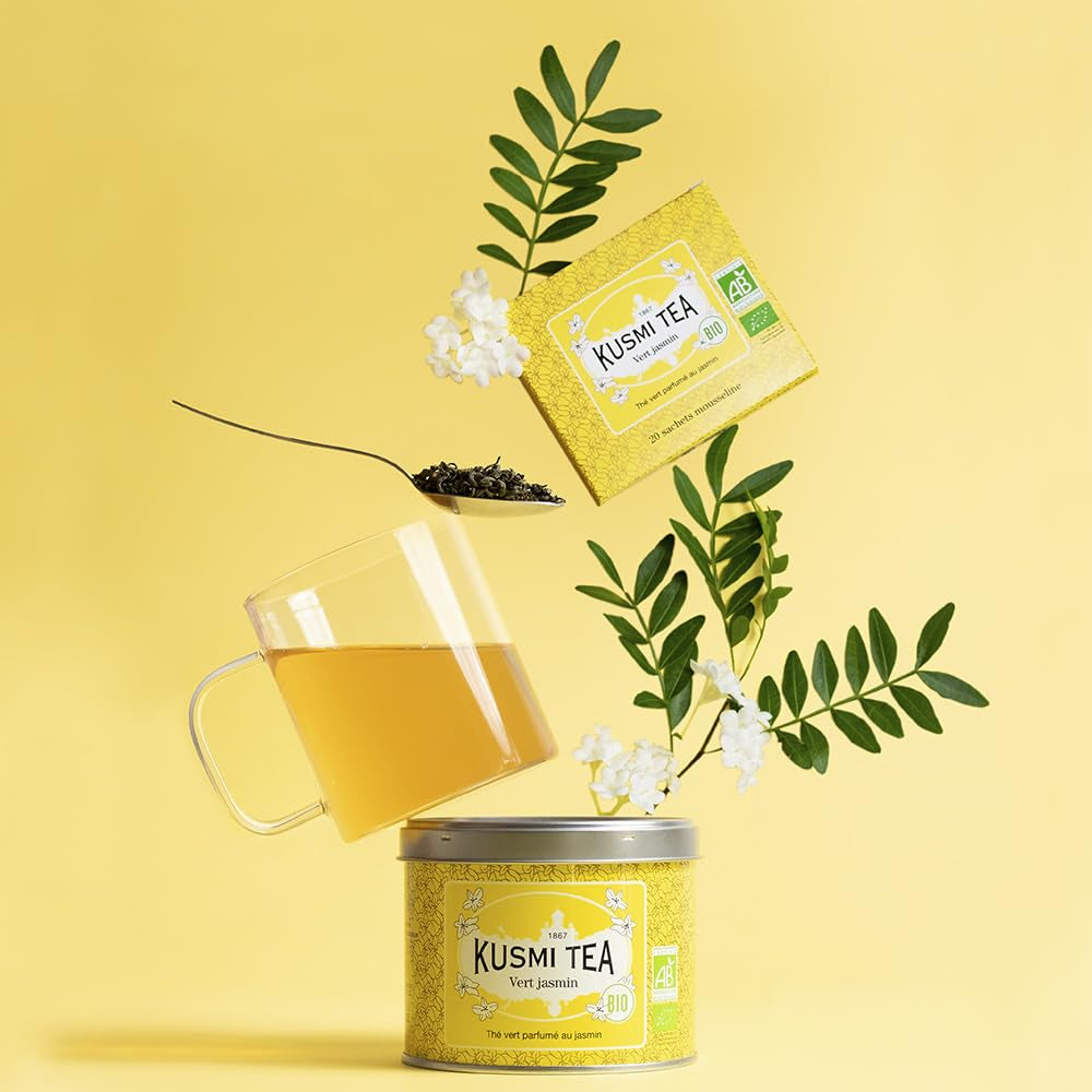 Kusmi Tea - Balení 2 ks - Jasmínový zelený čaj - Bio Jasmínová směs zeleného čaje - 100% Bio zelený čaj - Lze konzumovat teplý i studený - 2X20 čajových sáčků