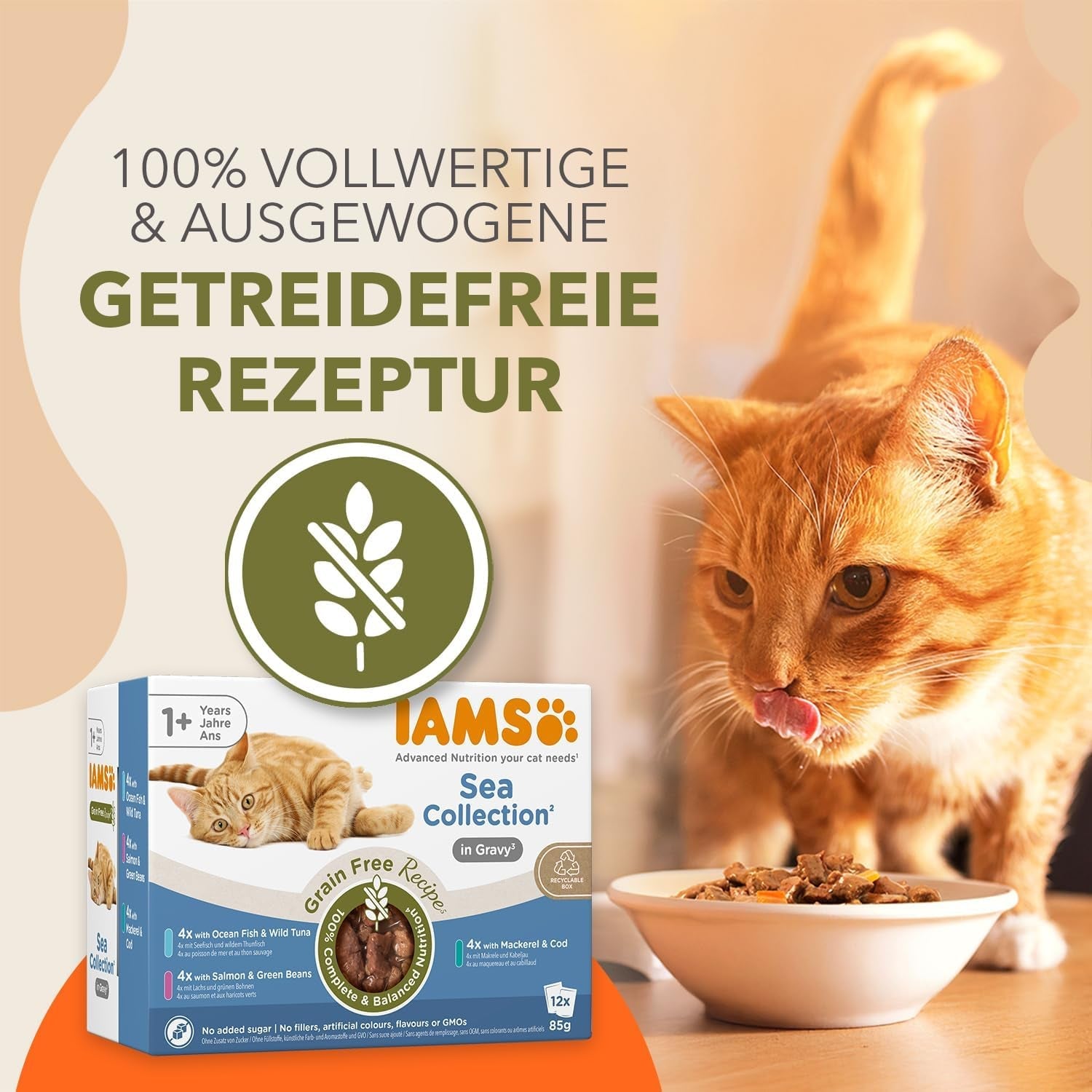 Mokré krmivo pro kočky IAMS Delights Sea Collection bez obilovin – více balení s různými rybami v omáčce, mokré krmivo bez obilovin pro kočky od 1 roku, 12 x 85 g