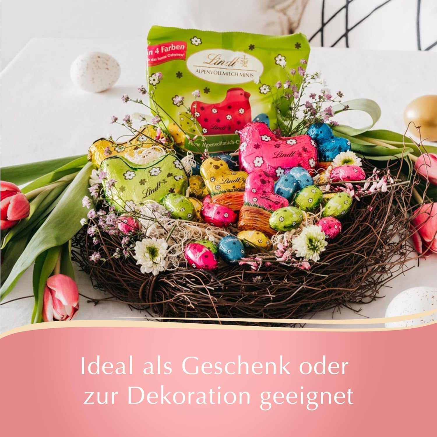 Mini Lindt mléčná čokoládová vajíčka na čokoládové ozdoby | 2 sáčky x 180g | Prémiová vajíčka z mléčné čokolády, vesele a barevně balená ve čtyřech barvách na Velikonoce | Velikonoční čokoláda | Čokoládový dárek