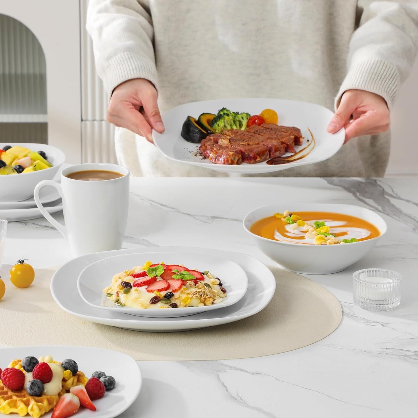 Sada nádobí MALACASA pro 4, 16dílné bílé porcelánové nádobí, moderní sada nádobí se 4 talíři, dezertními talíři, talíři a šálky Suma, řada ELISA