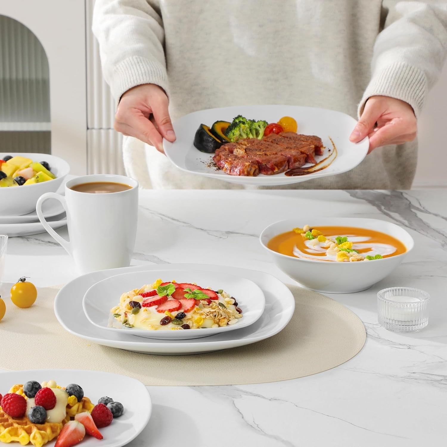 Sada nádobí MALACASA pro 4, 16dílné bílé porcelánové nádobí, moderní sada nádobí se 4 talíři, dezertními talíři, talíři a šálky Suma, řada ELISA