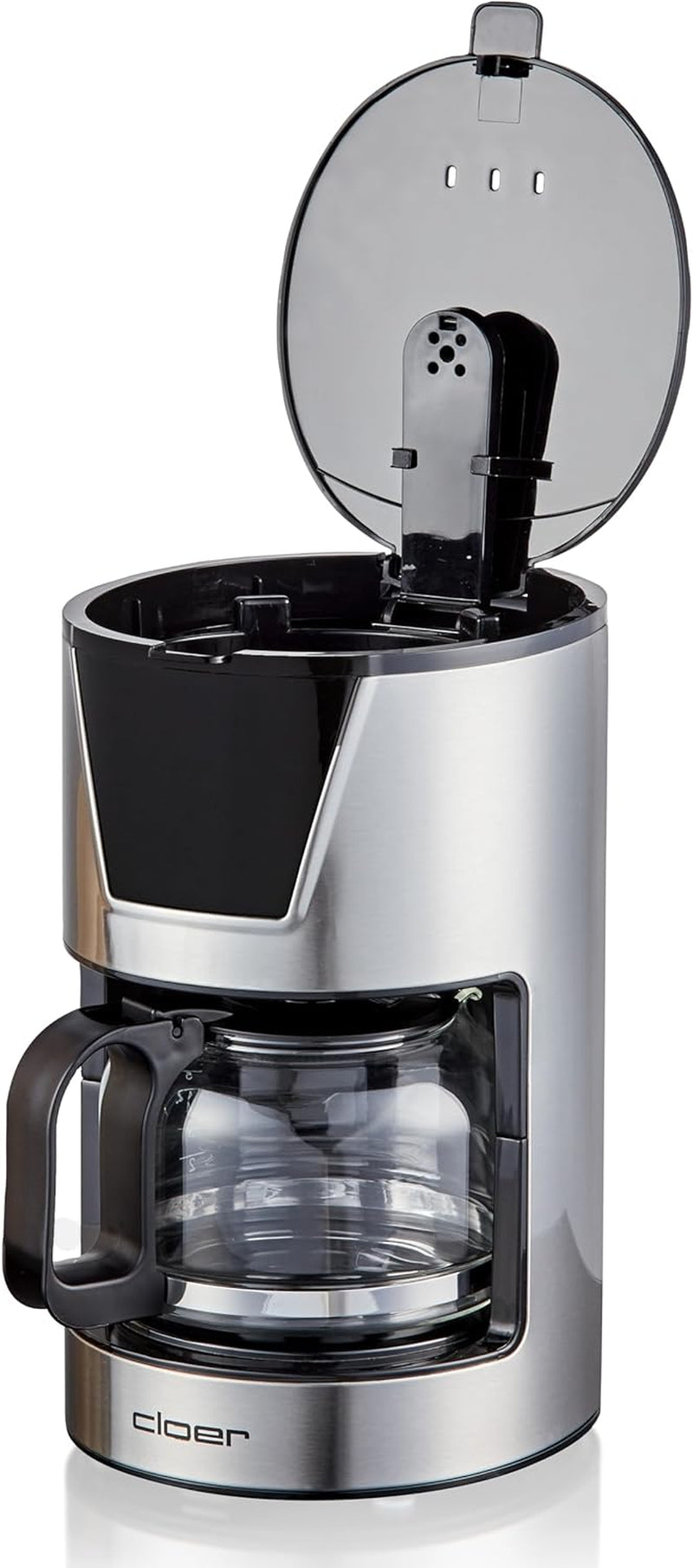 Filtr na espresso na 6 šálků Cloer, funkce jemného udržování teploty, skleněná karafa, odměrka, ukazatel hladiny vody, systém proti odkapávání, automatické vypínání, velikost filtru 1x2, 550 W, nerezová ocel