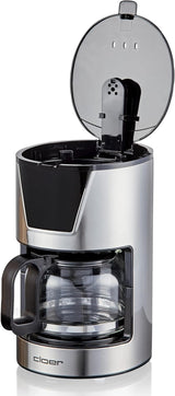 Filtr na espresso na 6 šálků Cloer, funkce jemného udržování teploty, skleněná karafa, odměrka, ukazatel hladiny vody, systém proti odkapávání, automatické vypínání, velikost filtru 1x2, 550 W, nerezová ocel