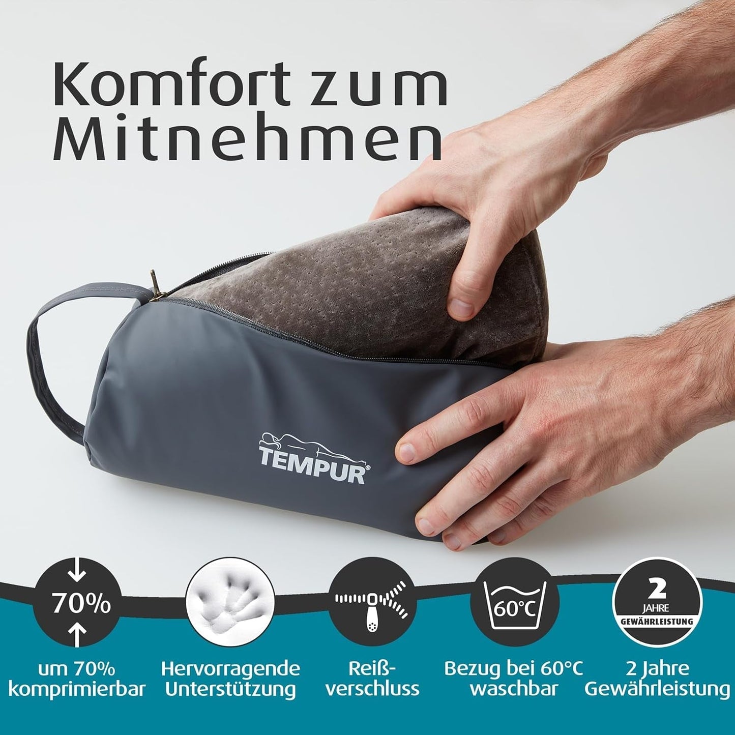 TEMPUR cestovní polštář z paměťové pěny, ergonomický polštář na krk, včetně přenosné tašky, antracit, rozměry 25 x 31 x 10/7 cm