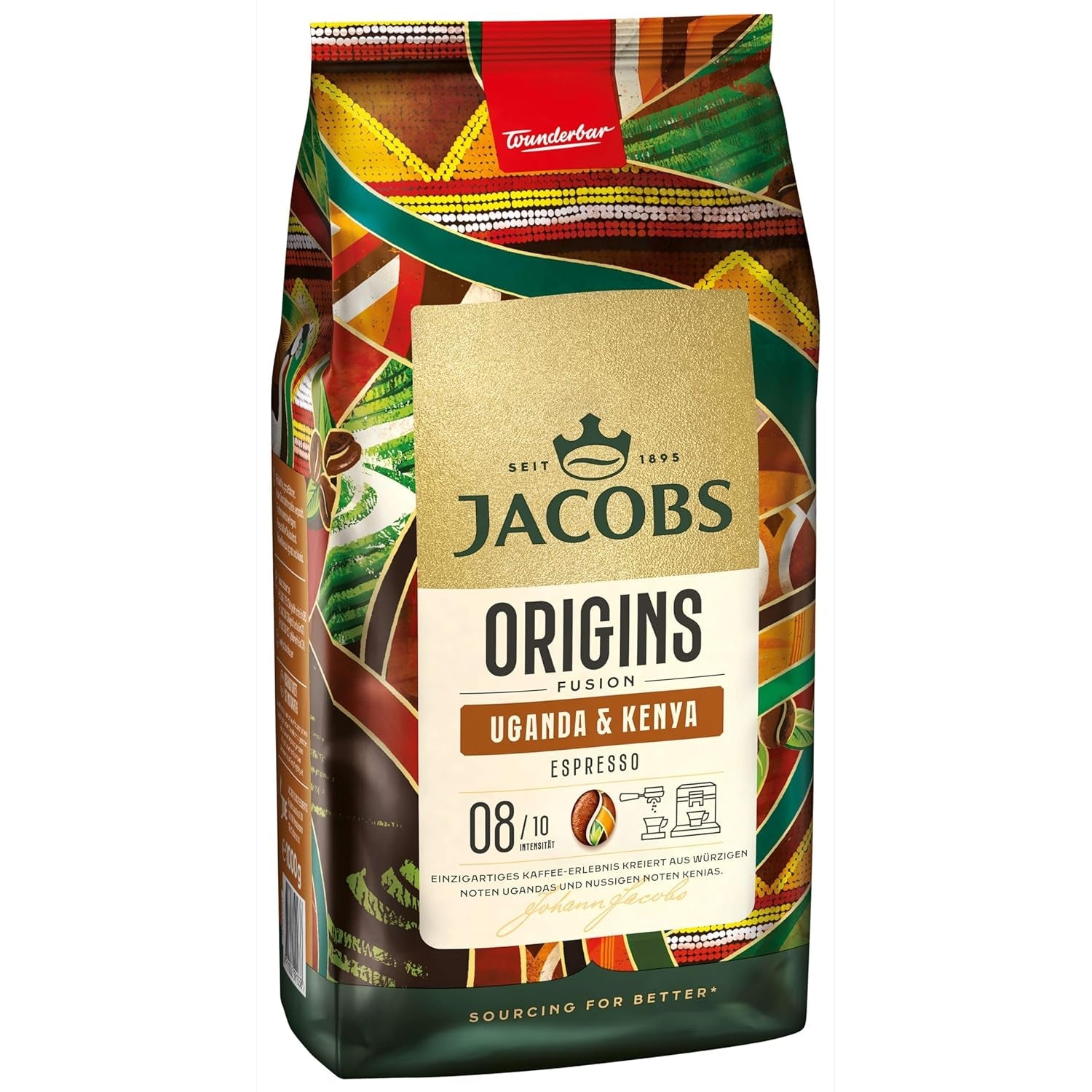 Zrnková káva Jacobs Origins Uganda a Keňa, plné espresso s kořenitým tónem, síla 8/10, celá zrnková káva, 1 kg