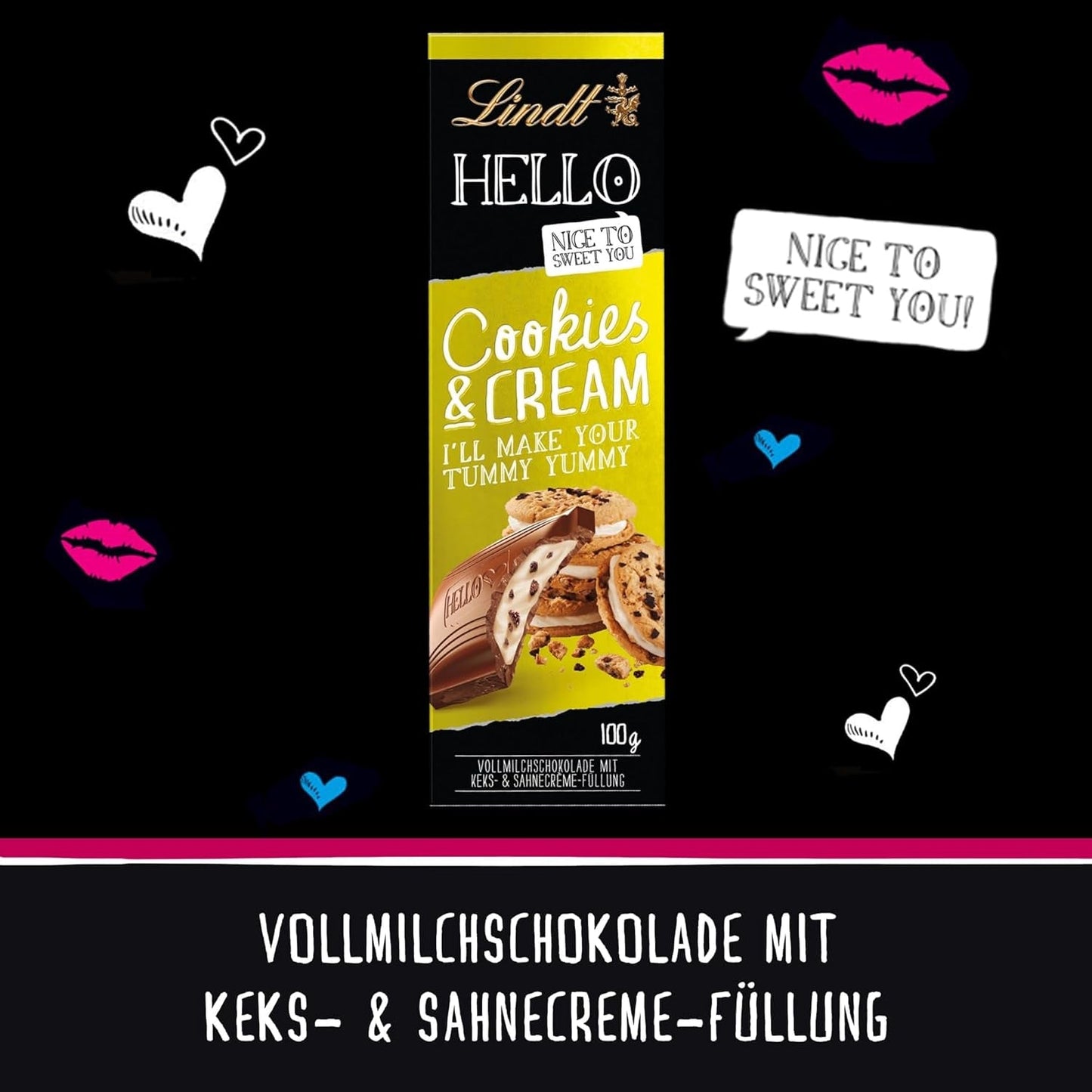 Lindt Hello Cookies & Smetanová čokoláda | Tyčinka 100g | Mléčná čokoláda se sušenkami a smetanovou náplní | Čokoládová tyčinka | Čokoládový dárek
