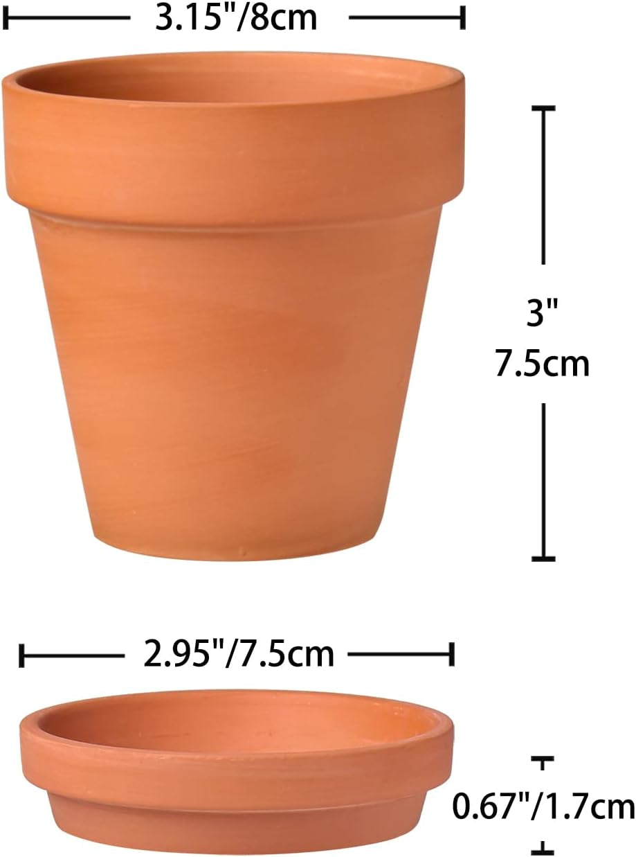Hollyone 8dílná sada malých terakotových květináčů, kulaté hliněné květináče 8 x 8 cm s talířem a drenážním otvorem, malé květináče s podnosem, terakotové sukulentní květináče pro pokojové rostliny, keramické květináče