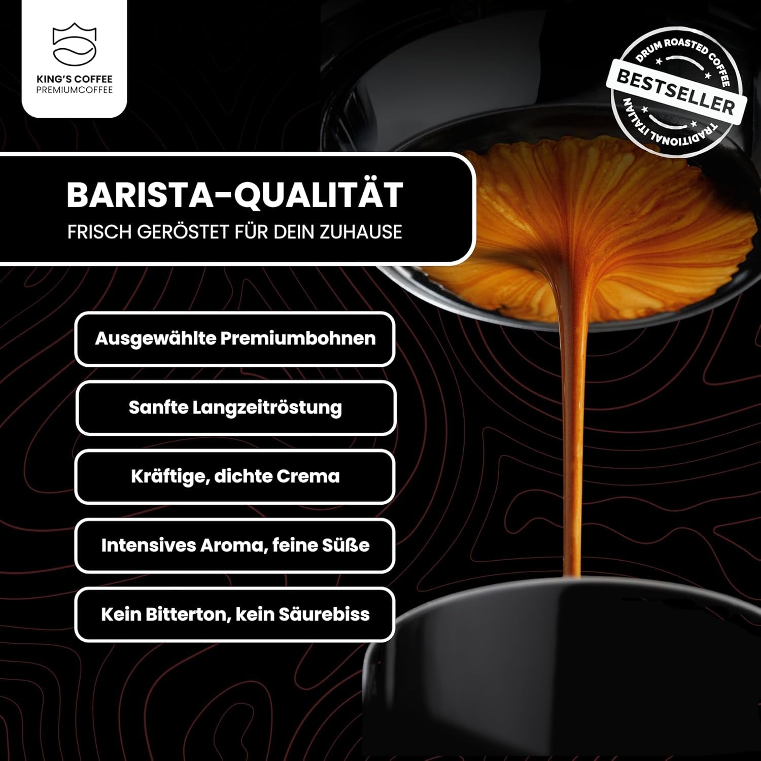 KING'S COFFEE - BLACK EDITION - 1 kg Intense smetanová zrnková káva - Káva s nízkou kyselostí - Malá dávka pražená z Itálie - Silná zrna Arabica Espresso (směs) pro plně automatické a portafiltrační stroje