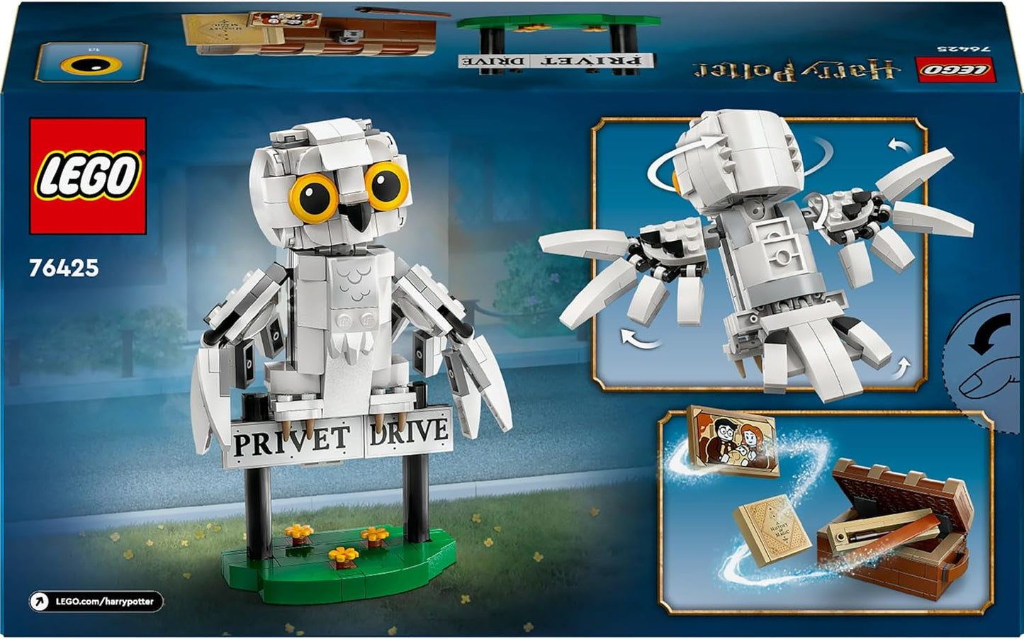 LEGO Harry Potter Hedwig in Privet Drive 4 Dětská sada sova, sestavitelná figurka zvířete s bradavickým kufrem, malý dárek pro kluky, dívky a všechny fanoušky od 7 let 76425 Stavebnice Besuche den LEGO-Store