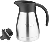 Olympia vakuový hrnek na mléko se šroubovacím uzávěrem, 500ml/17oz, nerezová ocel s černým víčkem, potisk mléka na boku, bufetové stanice na čaj a kávu, CL371