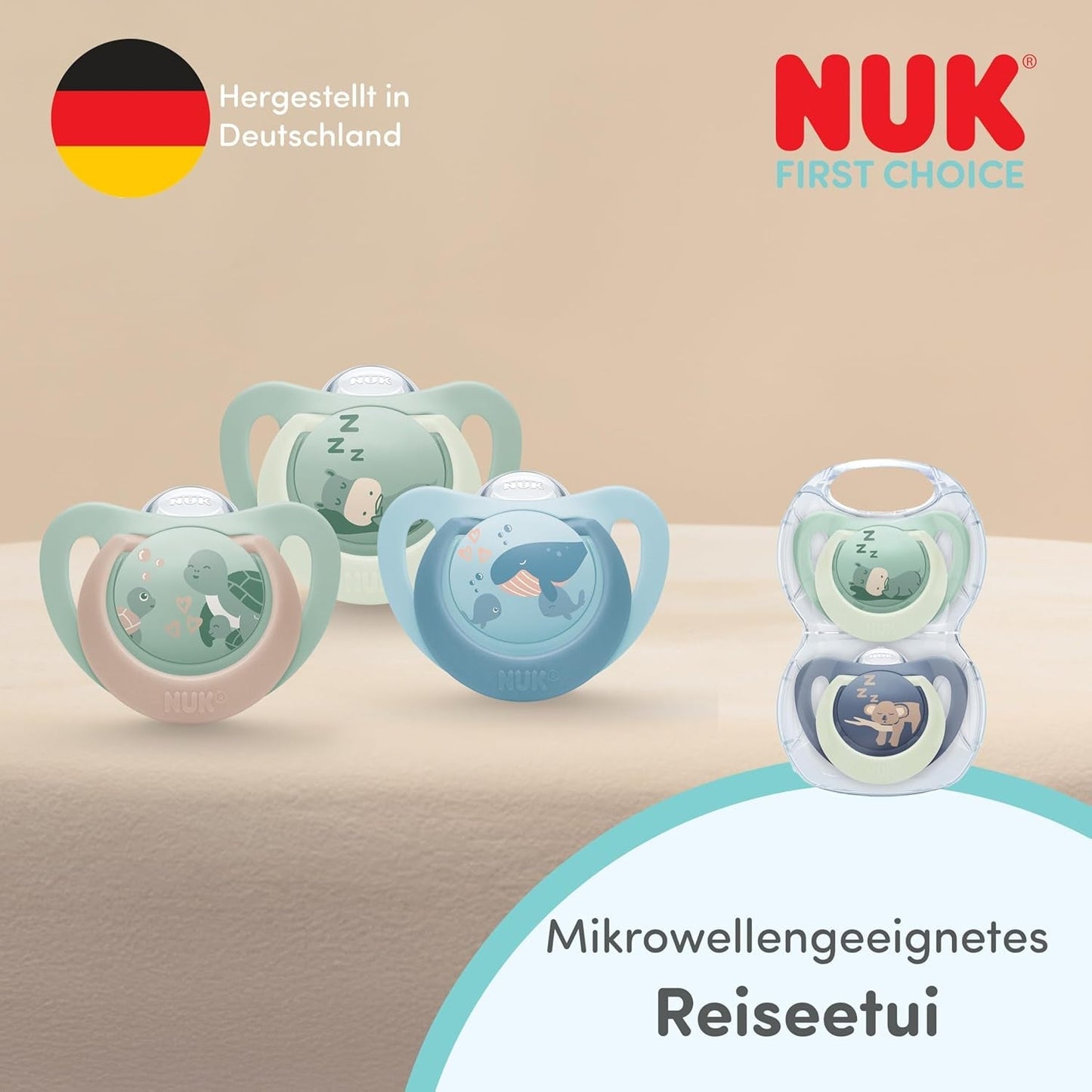 Noční dudlíky NUK First Choice pro miminka | 6-18 měsíců | Ortodontické dudlíky, které svítí ve tmě | Uklidňuje 99 % miminek** | Hroch/Koala | Balení 2