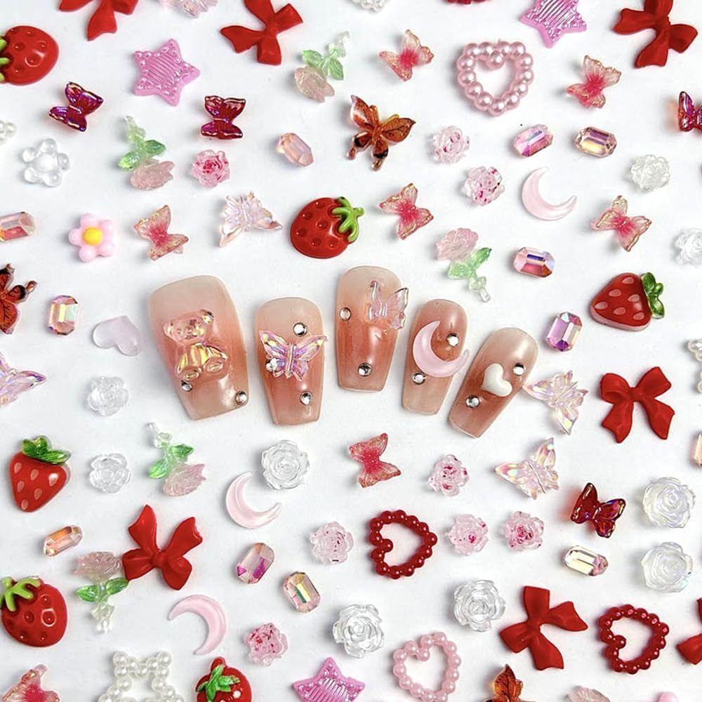 100ks 3D kouzla na nehty Rosa Rot Kirsche Erdbeere Blume Přívěsky na nehty Kamelie Rose Schmetterling Přívěsky na nehty Flatback Herz Schleife Charms Nägel Zubehör Mond Stern Nagelschmuck Nageldesign Anhänger