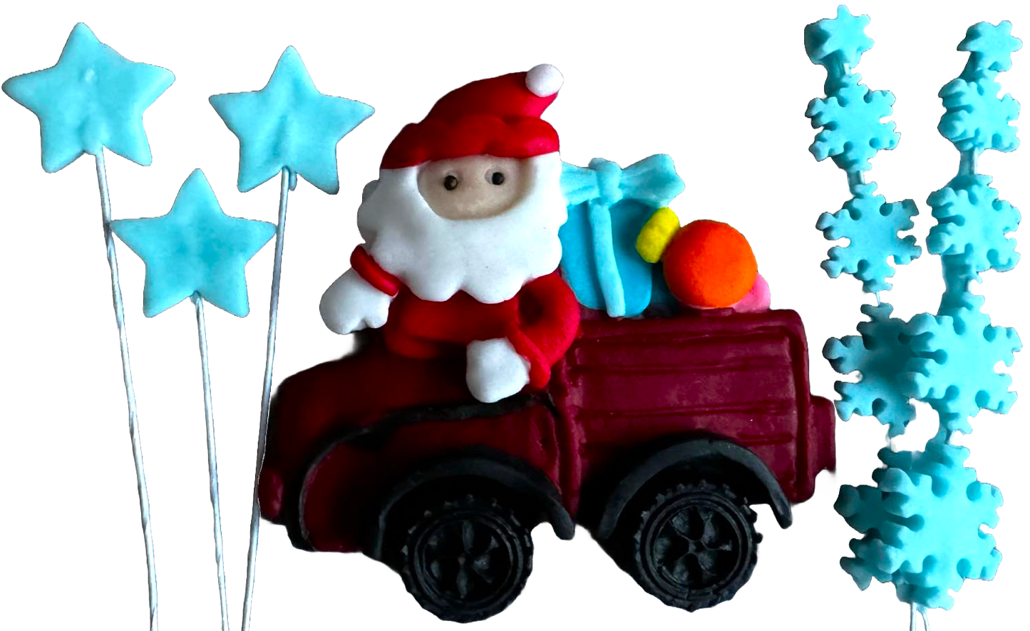 Sada 6 jedlých ozdob z cukrové pasty, Vánoce, Santovo auto, hvězdičky a sněhové vločky Dekorace z cukrové pasty Naty Shop