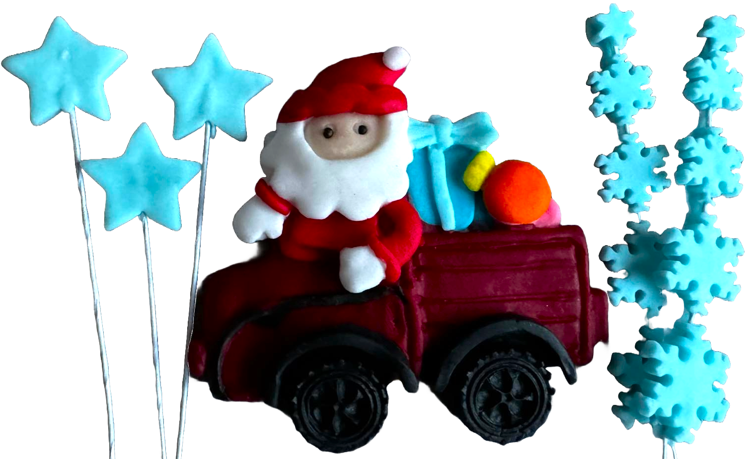 Sada 6 jedlých ozdob z cukrové pasty, Vánoce, Santovo auto, hvězdičky a sněhové vločky Dekorace z cukrové pasty Naty Shop