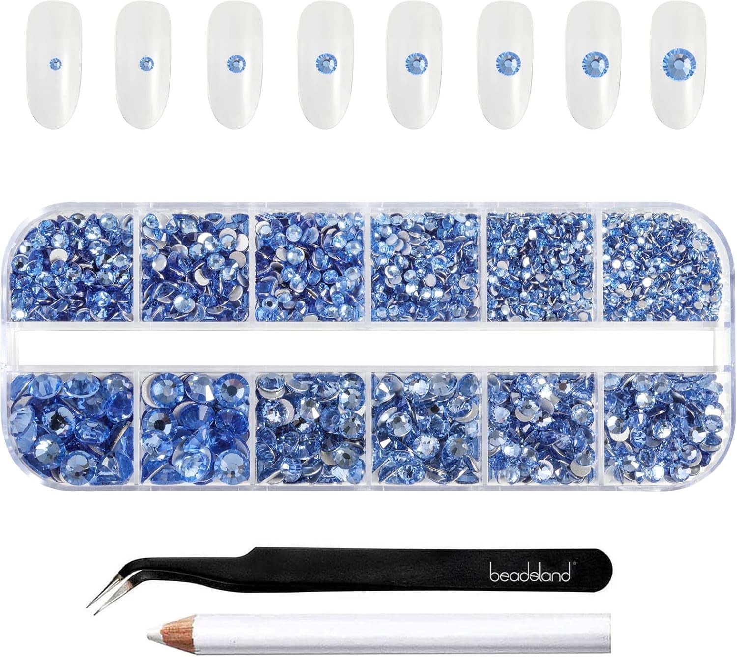Beadsland 2500 ks Glas Nailart Strasssteine ​​​​Kristall Flatback Edelsteine ​​Runde, ​​Für Handwerk Gemischt 8 Größen SS4 ~ SS30 Mit Picking Pinzette Und Stift (Kristall Weiss)