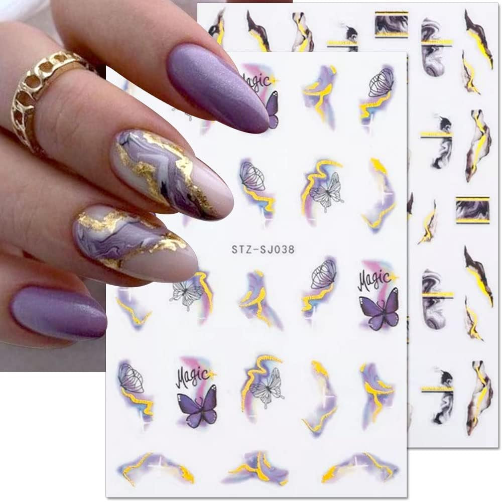 6 Blatt 3D Lila Schmetterling Samolepky na nehty Selbtklebend Nagelaufkleber Schmetterlinge Samolepky na nehty Bunte Blühen Marmor Nagel Stickers Regenbogen Welle Linien Nail Art Aufkleber Nageldesign Zubehör