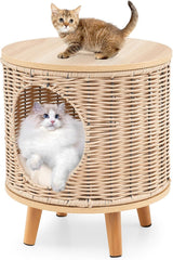 Katzenhaus Rattan, Katzenmöbel mit Holzbeinen & soft Kissen, 3v1 Katzenhöhle Fußhocker Nachttisch, Katzenbett stabil bis 30 kg für Wohnzimmer Schlafzimmer