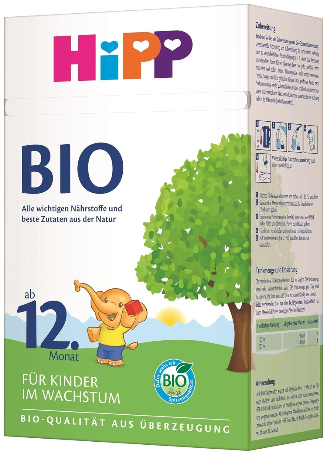 HiPP organické růstové mléko (4 x 600 g) po 12 měsících s vápníkem, železem, vitamínem C a D pro rostoucí batolata, nejlepší bio kvalita