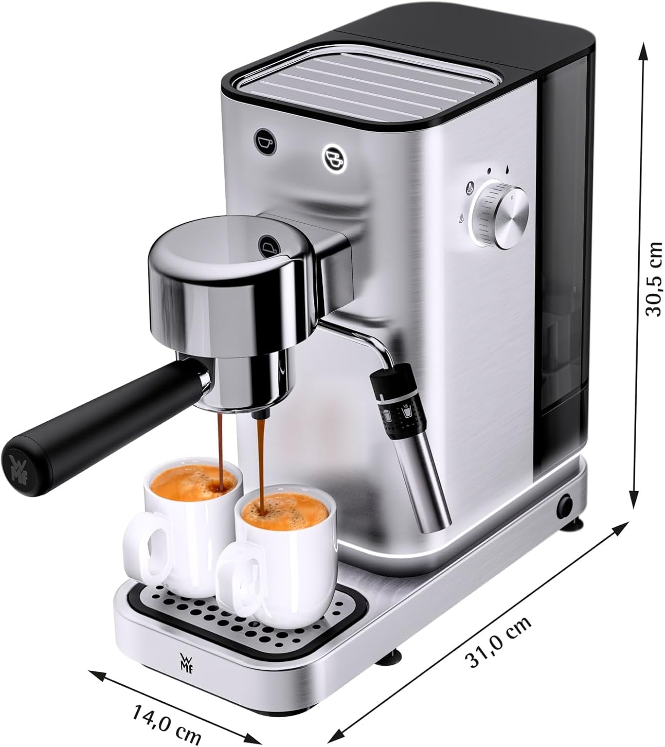 Kávovar WMF Lumero, portafiltr, 1400 wattů, portafilter, 3 vložky, pro 1-2 šálky na espresso, včetně kapslí, 15 bar, držák šálků, napěňovač mléka, matná nerezová ocel