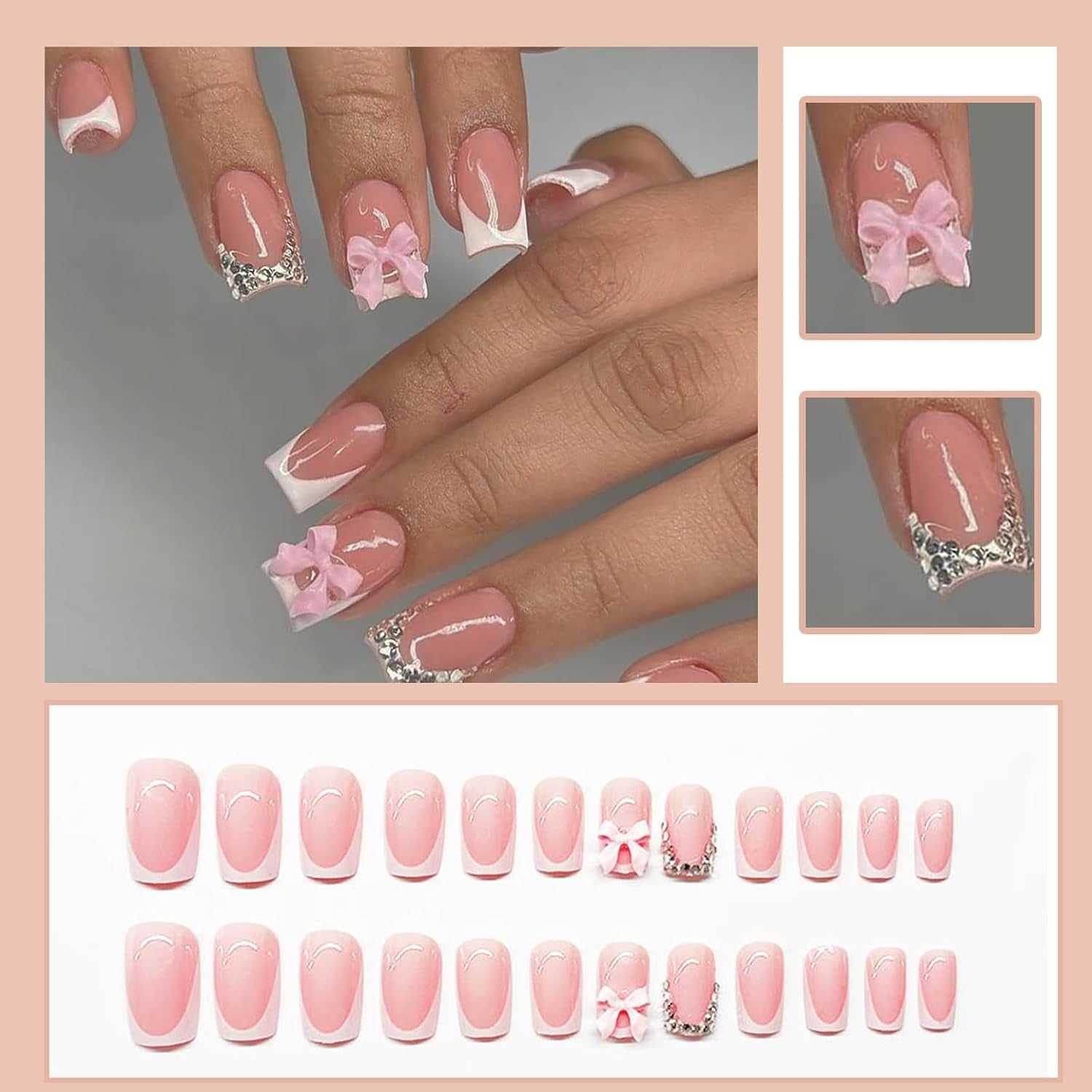 24ks Pink Diamond Bow Francouzská manikúra Tablety Čtvercové nehty Vzor kamínky Nude Pink Umělé nehty Celý kryt Lepidlo Manikúra