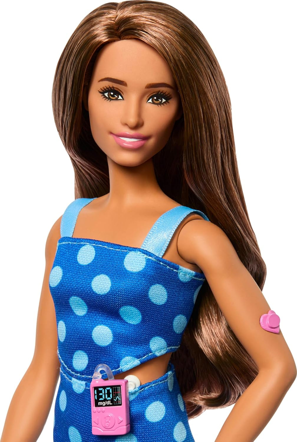 Panenka Barbie Fashionistas #242 s diabetem 1. typu a puntíkovým oblečením a doplňky ve spolupráci s Breakthrough T1D, HYT97