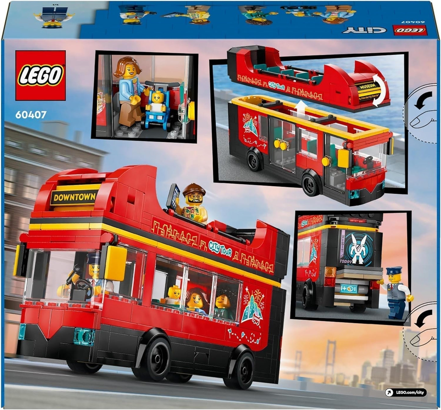 LEGO City dvoupatrový autobus, dvoupatrový autobus na hraní, sada vozidel pro dívky a chlapce od 7 let, obsahuje 5 figurek včetně miminka v kočárku 60407 Stavebnice Besuche den LEGO-Store