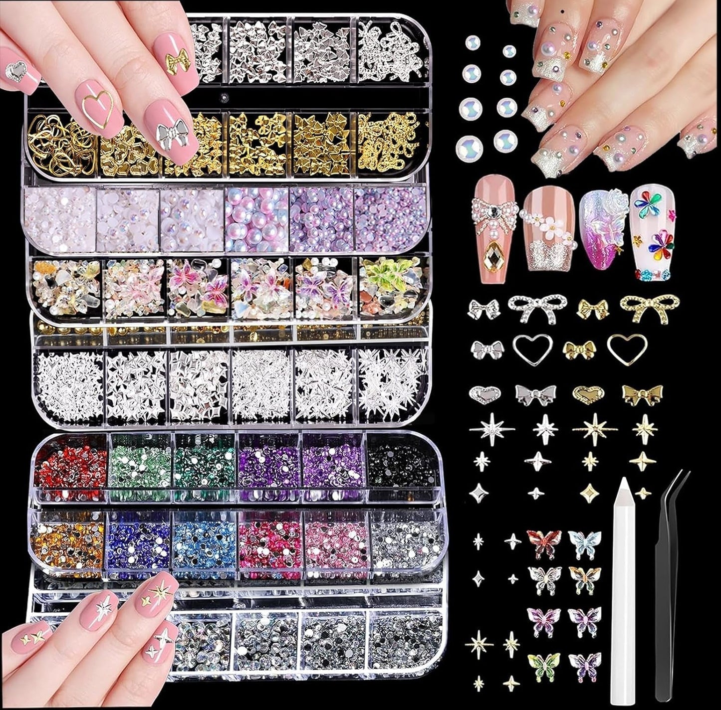 Nail Charms,6 Boxen Gold Silver Nagel Charms 3D Gold Bogen Stern Art Dekoration+6200 Strassstein ​​Bunt Steine ​​​​AB Perlen Diamanten, 3D Legierung Bow Nail Gems Nagel Deko Für Frauen Nagel (6-A)