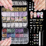 Nail Charms,6 Boxen Gold Silver Nagel Charms 3D Gold Bogen Stern Art Dekoration+6200 Strassstein ​​Bunt Steine ​​​​AB Perlen Diamanten, 3D Legierung Bow Nail Gems Nagel Deko Für Frauen Nagel (6-A)