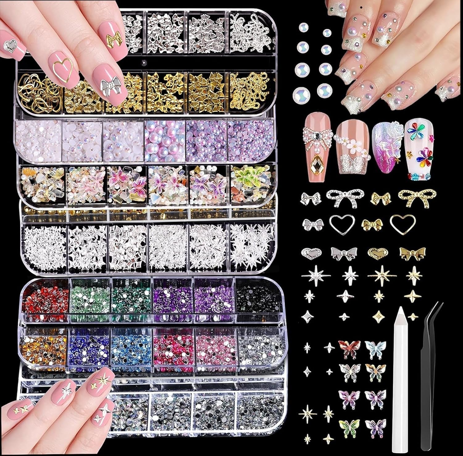 Nail Charms,6 Boxen Gold Silver Nagel Charms 3D Gold Bogen Stern Art Dekoration+6200 Strassstein ​​Bunt Steine ​​​​AB Perlen Diamanten, 3D Legierung Bow Nail Gems Nagel Deko Für Frauen Nagel (6-A)