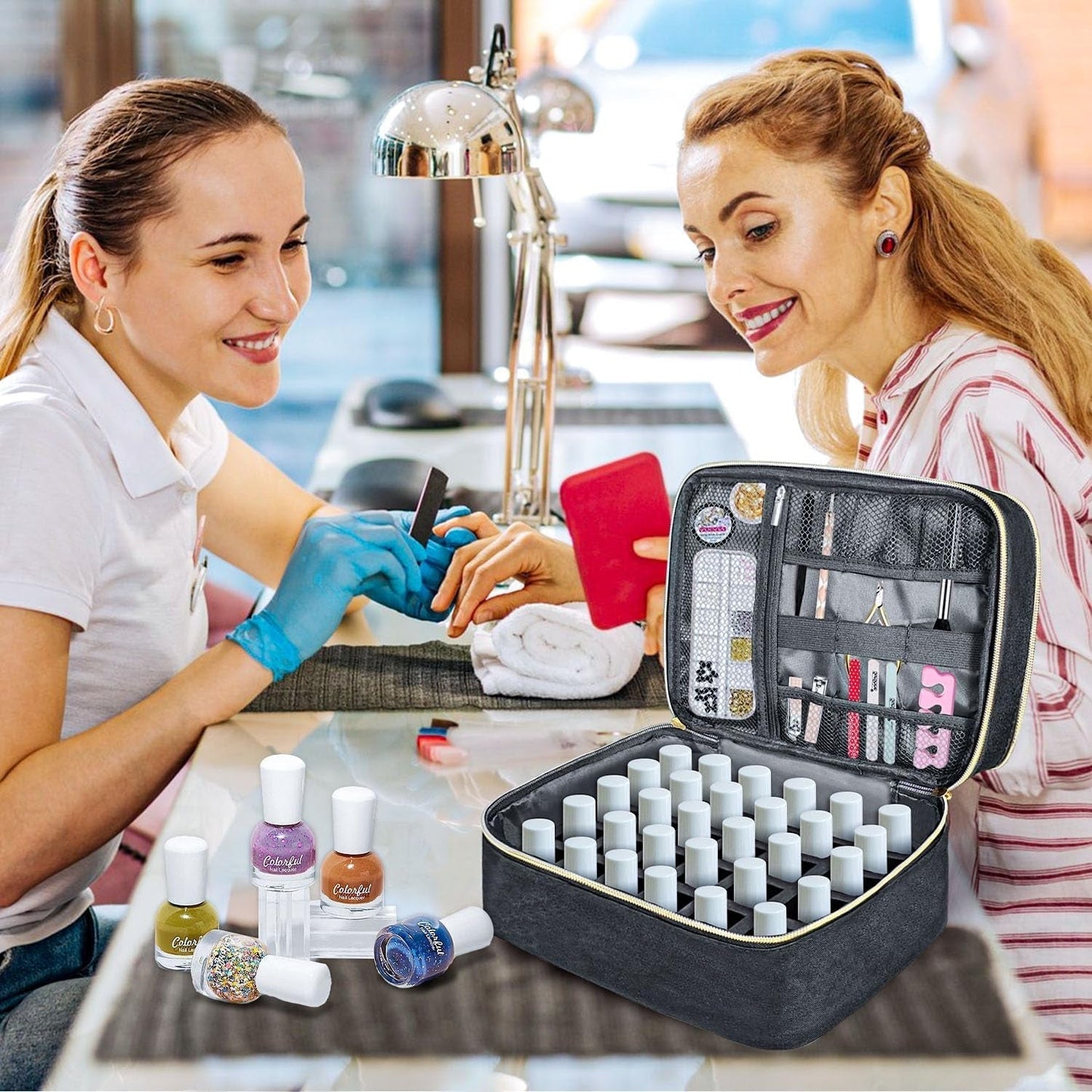 Tasche s organizérem laku na nehty, úložná krabička na lak na nehty Doppelschicht, organizér Koffer Für Nageldesign Kosmetiktasche Für 30 lahviček s neonailovou bází (15 ml-0,5 Fl. Oz) & 1 lampa na nehty (Schwarz)