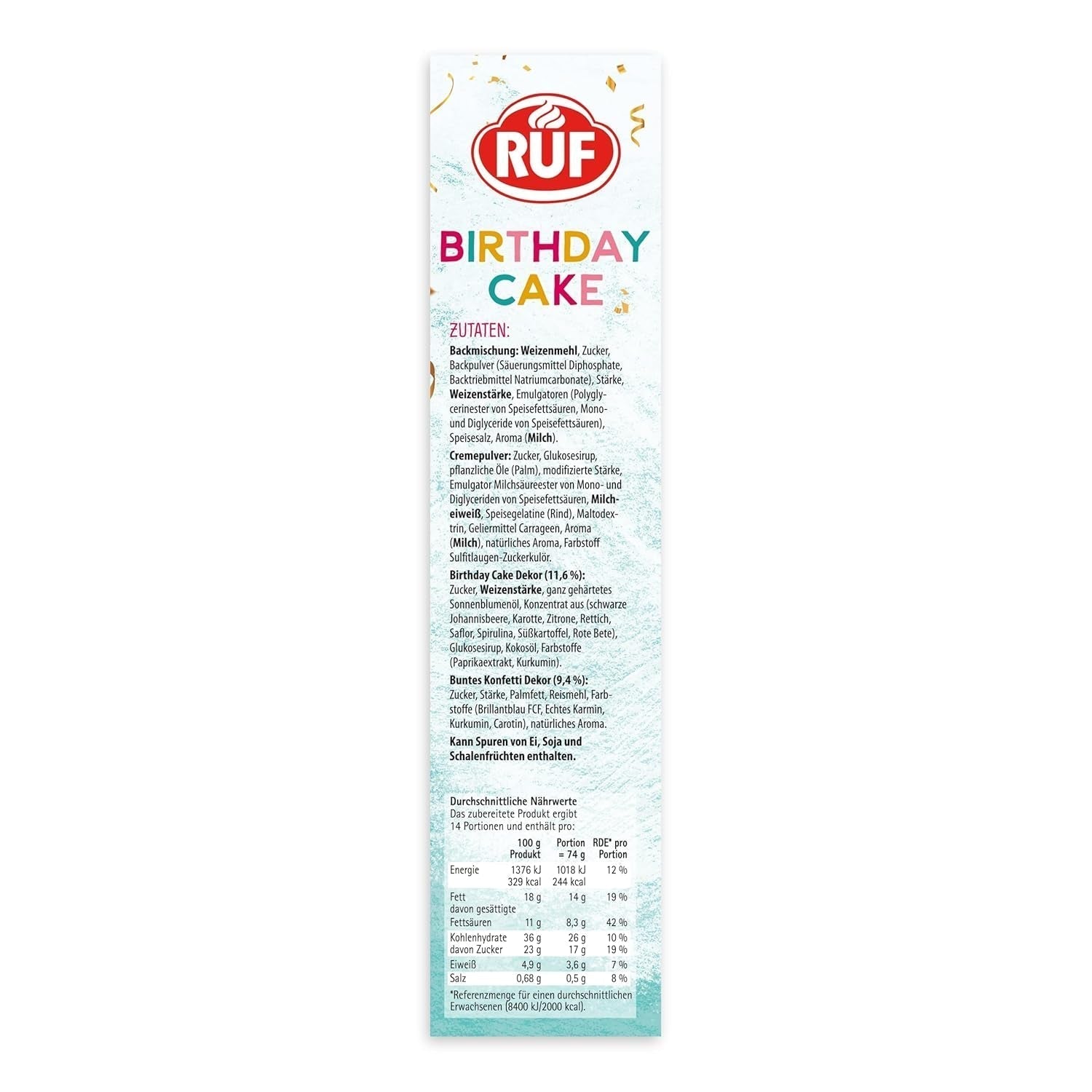 Narozeninový dort RUF, Geburtstagskuchen, Schicht-Torte Aus Rührteig Und Konfetti-Streusel, Tortencreme Und Buntem Dekor-Mix, Für Kindergeburtstag, Familienfeier, Einschulung, 1X425G polevy a Decor Naty Shop