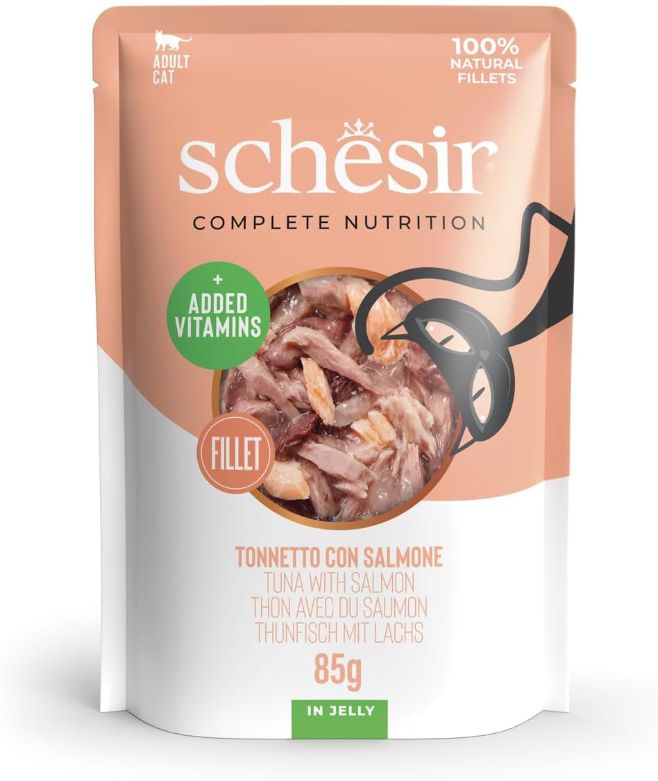 , Tunfisch mit Lachs in Gelee, kompletuje Nassfutter für Katzen, im Beutel, 100% natürliche Inhaltsstoffe, tierversuchfrei, 12 x 85 g