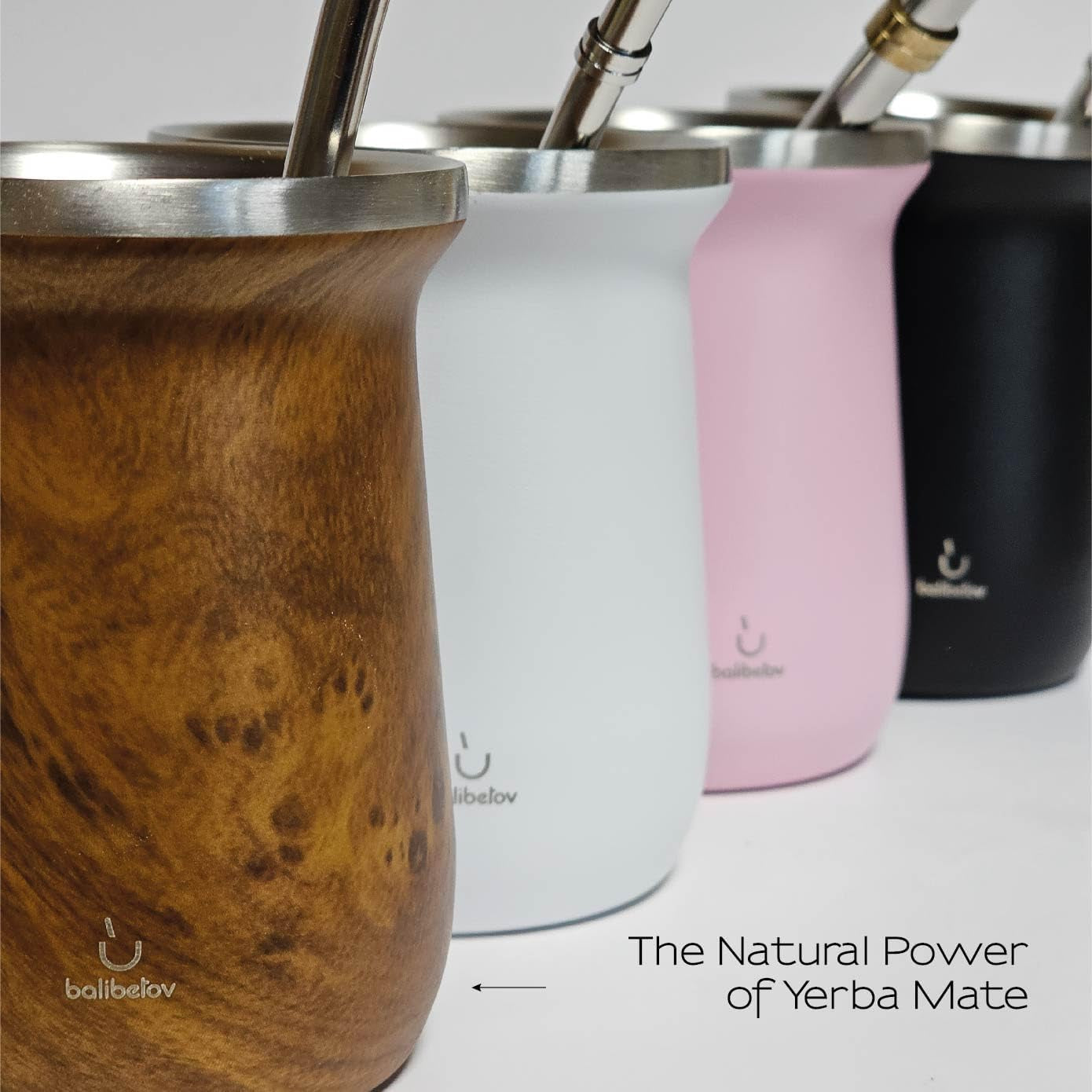 Balibetový čajový set Yerba Mate (hrnek Mate) vyrobený z nerezové oceli s bombillou (brčko) pro maté, Snadno se čistí a velmi odolný set Yerba Mate (DŘEVO)