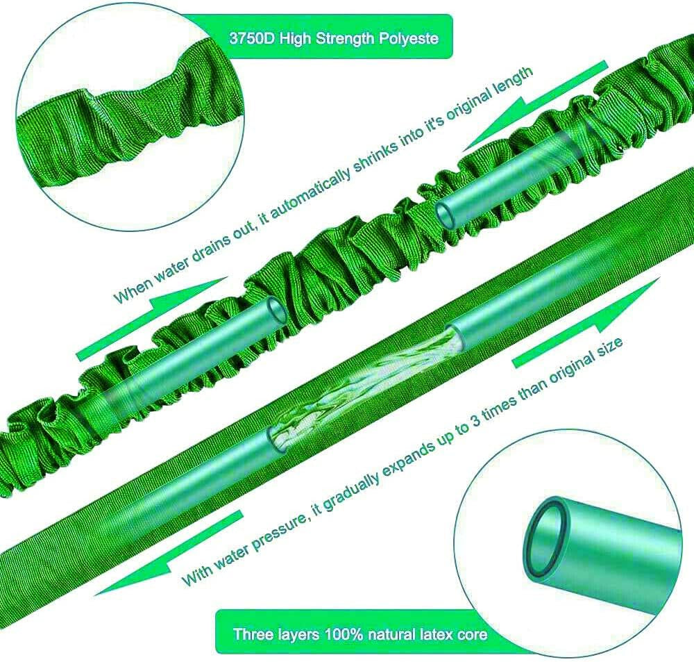 30 m prodlužovací zahradní hadice, 100 stop flexibilní vodní hadice s 8-tryskovou tryskou, vodotěsná zatahovací hadice pro velké zatížení s 3/4" a 1/2" konektory (30 m, zelená)