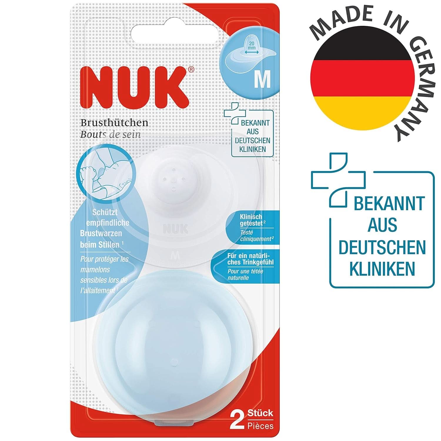 NUK Stillhütchen | Brusthütchen Zum Stillen | Schützt Vor Wunden Brustwarzen | Dünnes Silikon | Größe M (20 mm) | Včetně Schutzdose | 2 Stück Dětská výživa a doplňky ke kojení Naty Shop