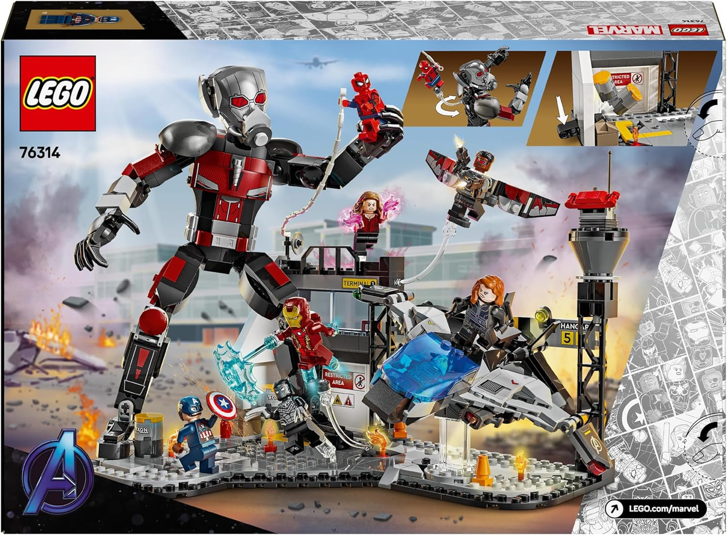 LEGO Marvel Captain America: Civil War Action Duel - Superhrdinská herní sada s 8 minifigurkami - Hračka na stavbu letadla a herní sadu - Dárek pro chlapce a dívky 76314 Stavebnice Besuche den LEGO-Store