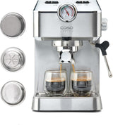 Caso Espresso Gourmet – Nerezový Portafilter Espresso kávovar, výkonná 19barová pumpa Ulka, s napěňovačem mléka, pro mletou kávu nebo kapsle ESE, na 2 šálky, s ohřívačem šálků
