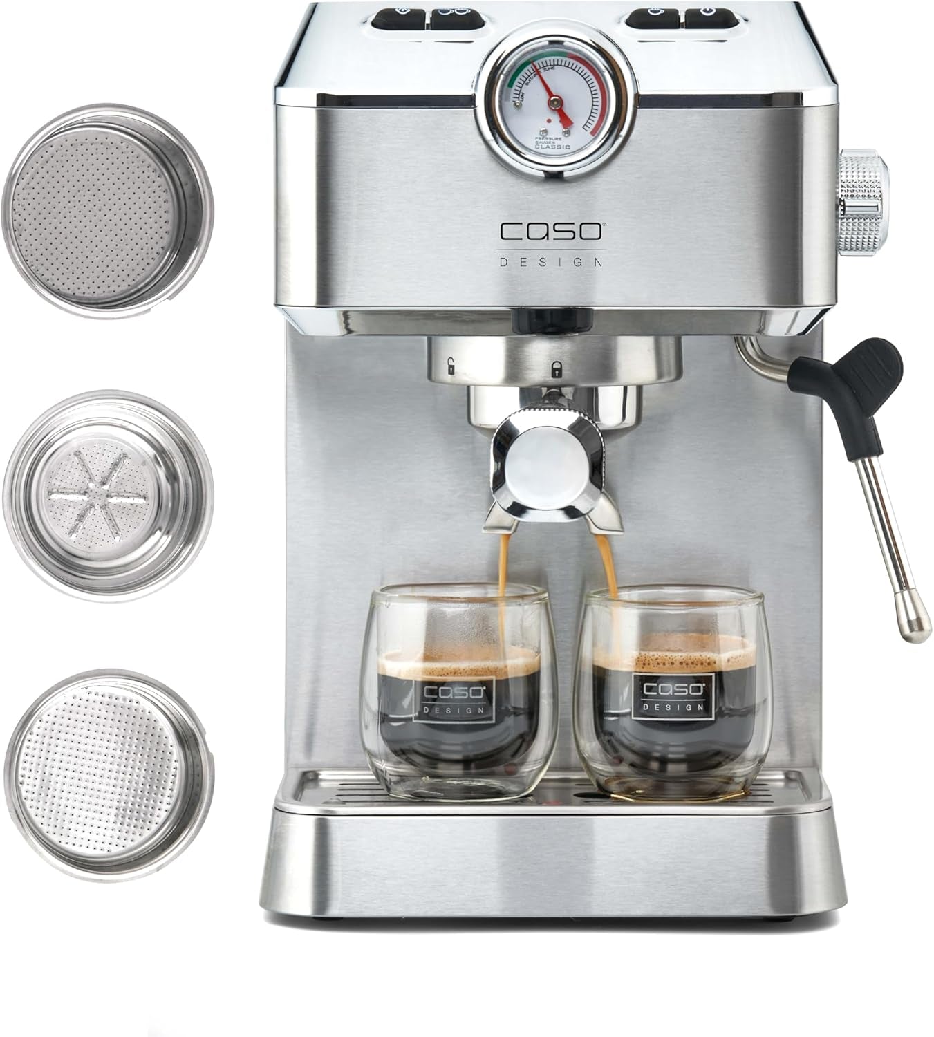 Caso Espresso Gourmet – Nerezový Portafilter Espresso kávovar, výkonná 19barová pumpa Ulka, s napěňovačem mléka, pro mletou kávu nebo kapsle ESE, na 2 šálky, s ohřívačem šálků