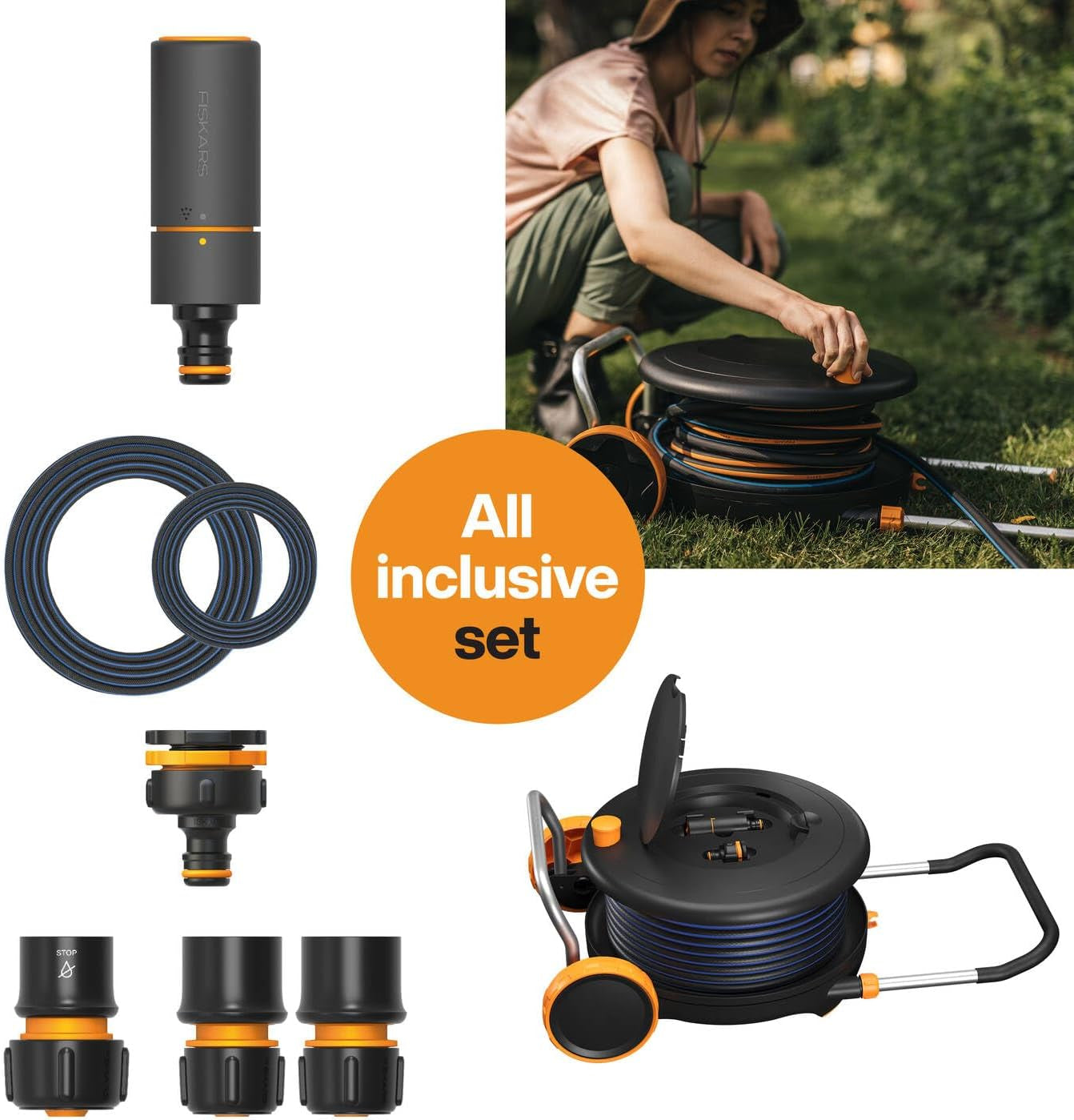 Vodní kolo Fiskars Comfort L s kolečky, zavlažovací sada all inclusive, celkový dosah 31,5 m, automatické navíjení, univerzální zahradní hadice (Ø 13 mm), univerzální připojení na kohoutek, 1071670