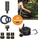 Vodní kolo Fiskars Comfort L s kolečky, zavlažovací sada all inclusive, celkový dosah 31,5 m, automatické navíjení, univerzální zahradní hadice (Ø 13 mm), univerzální připojení na kohoutek, 1071670